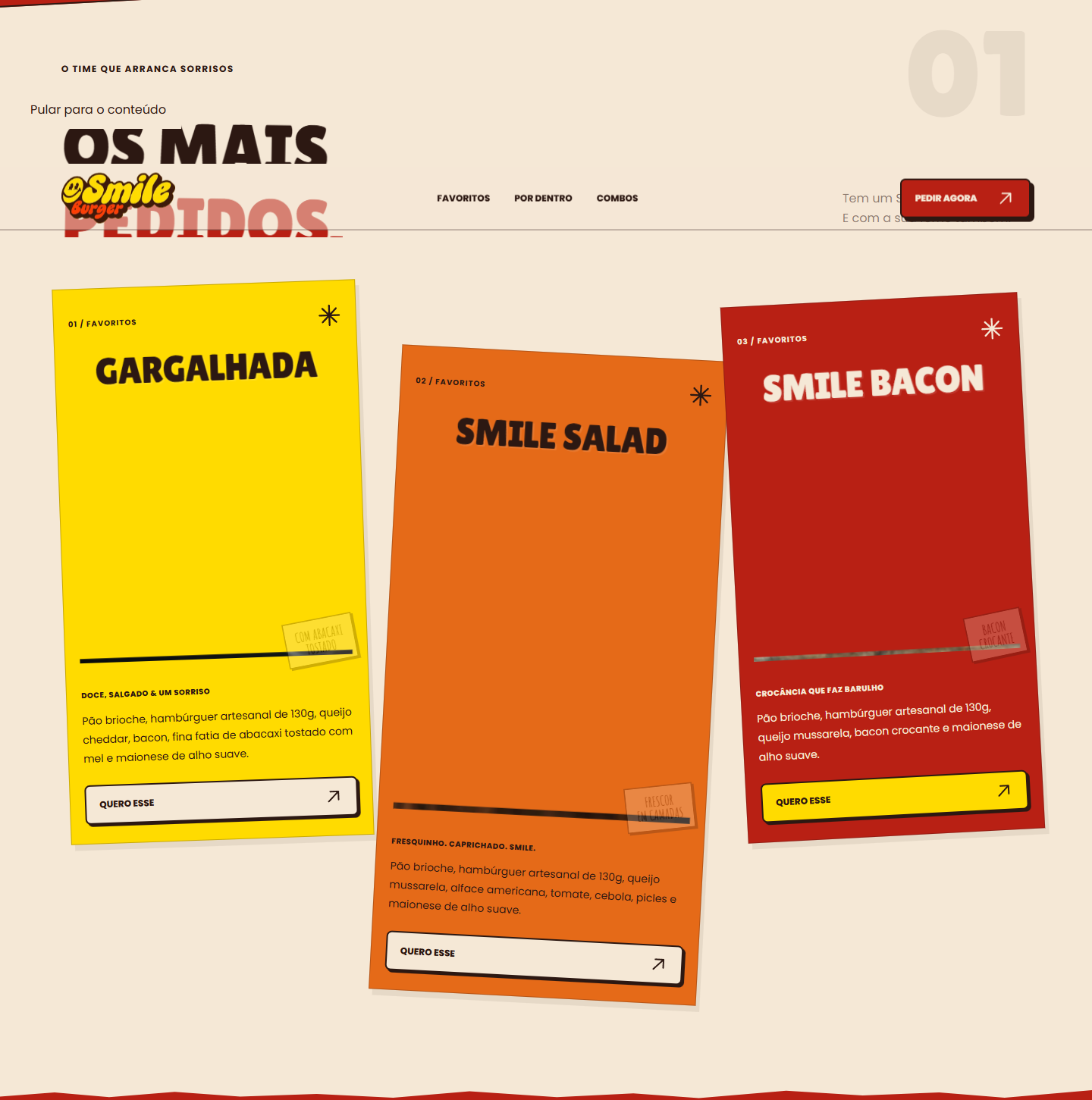 Seção de lanches favoritos e posters editoriais do Smile Burger