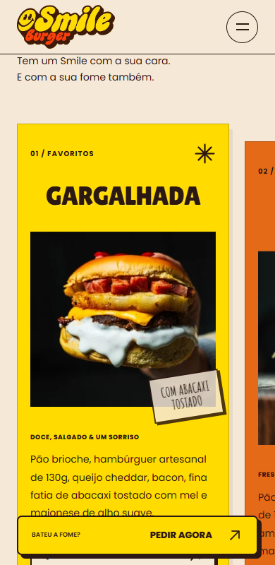 Tela mobile da seção de favoritos e posters dos lanches