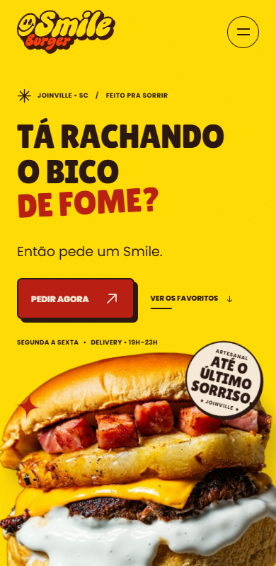 Tela inicial mobile do Smile Burger com hero e identidade retrô
